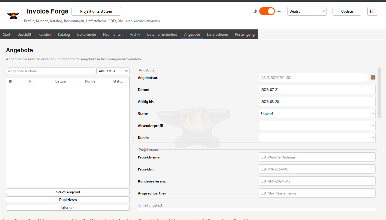 Übersicht der Angebote in Invoice Forge